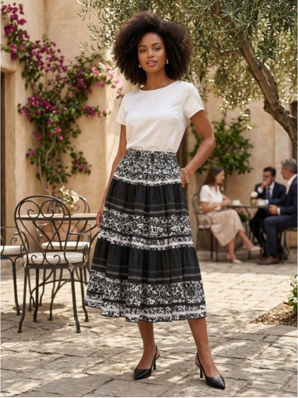 Women’s Black White Paisley Tiered Maxi Skirt Large Swing Dance Boho Western